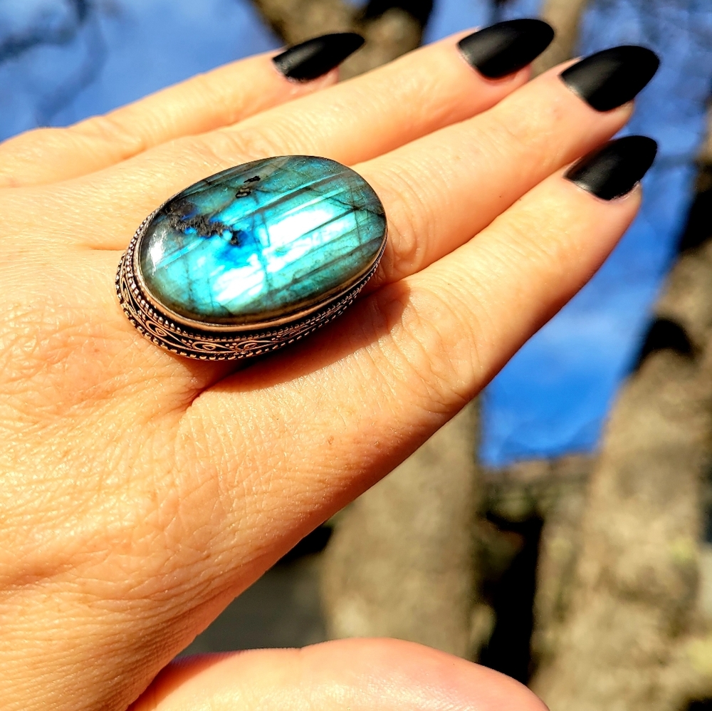 Big Aqua Labradorite .925 Silver Ring NWOT